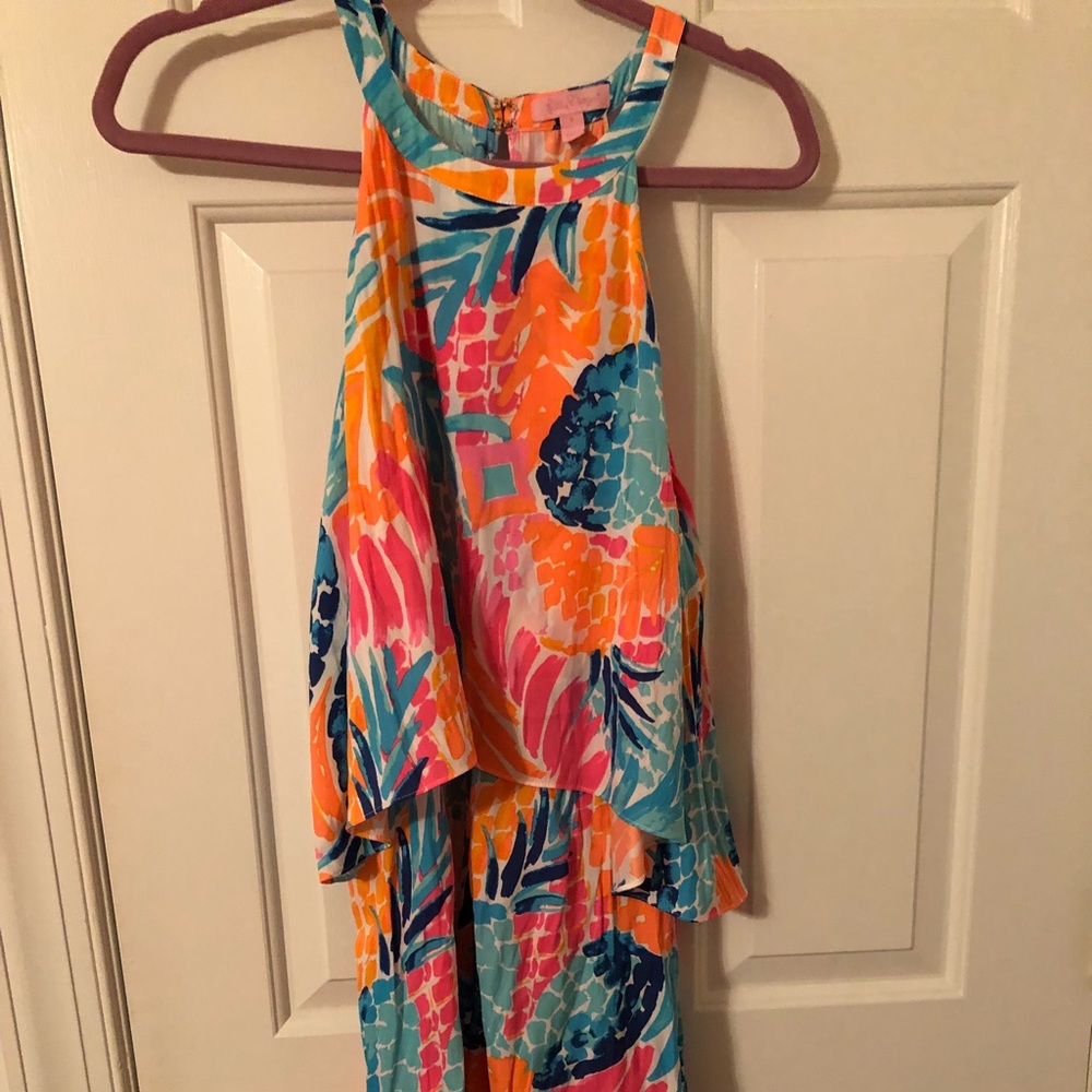 Lilly Pulitzer Bright Tropical Halter Romper in Turquoise, Coral & Pink